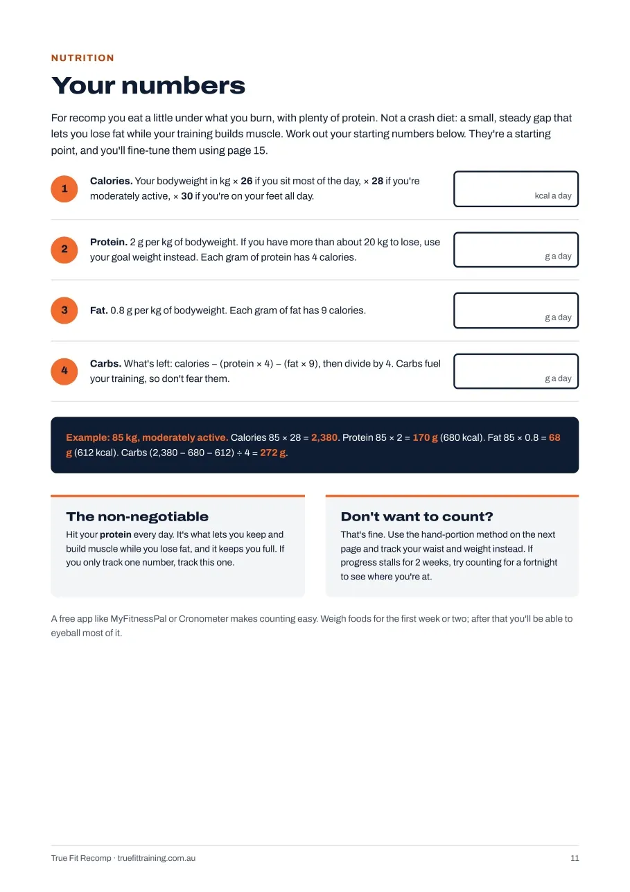 Nutrition worksheet for working out calories, protein, fat and carbs